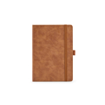 Carnet A5 en cuir synthétique écologique avec bande de fermeture et pages blanches couleur marron clair vue frontale