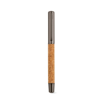 Stylo-bille en liège et acier inoxydable recyclé à écriture fluide, encre bleue couleur argenté brillant vue frontale