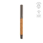 Stylo-bille en liège et acier inoxydable recyclé à écriture fluide, encre bleue couleur argenté brillant