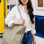 Sac cabas en coton recyclé avec poignées longues 300 g/m2 couleur beige quatrième vue