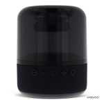 Enceinte bluetooth noire portable de forme circulaire couleur noir troisième vue
