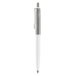 Stylo à bouton-poussoir en métal, détail coloré sur clip, encre bleue couleur blanc deuxième vue