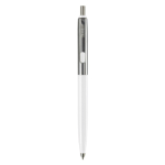 Stylo à bouton-poussoir en métal, détail coloré sur clip, encre bleue couleur blanc troisième vue