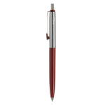 Stylo à bouton-poussoir en métal, détail coloré sur clip, encre bleue couleur rouge foncé deuxième vue