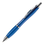 Stylo en plastique transparent avec détails métalliques et encre bleue couleur bleu transparent