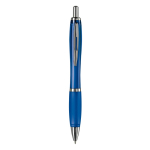 Stylo en plastique transparent avec détails métalliques et encre bleue couleur bleu transparent deuxième vue