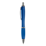 Stylo en plastique transparent avec détails métalliques et encre bleue couleur bleu transparent troisième vue