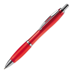 Stylo en plastique transparent avec détails métalliques et encre bleue couleur rouge transparent