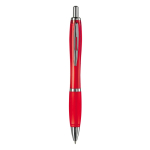 Stylo en plastique transparent avec détails métalliques et encre bleue couleur rouge transparent deuxième vue