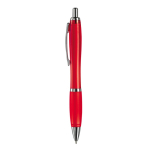 Stylo en plastique transparent avec détails métalliques et encre bleue couleur rouge transparent troisième vue