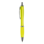Stylo en plastique transparent avec détails métalliques et encre bleue couleur jaune transparent troisième vue