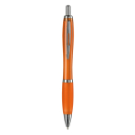 Stylo en plastique transparent avec détails métalliques et encre bleue couleur orange transparent deuxième vue