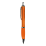 Stylo en plastique transparent avec détails métalliques et encre bleue couleur orange transparent troisième vue