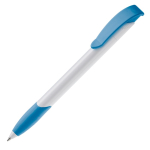 Stylo en plastique blanc avec clip incurvé coloré fabriqué en UE couleur blanc/bleu troisième vue