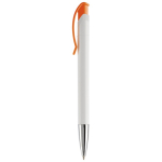 Stylo en plastique blanc avec détails sur le bouton-poussoir couleur orange