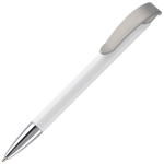 Stylo en plastique blanc avec détails sur le bouton-poussoir couleur argenté