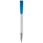 Stylo en plastique blanc avec détails sur le bouton-poussoir couleur blanc/bleu deuxième vue