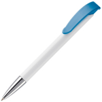 Stylo en plastique blanc avec détails sur le bouton-poussoir couleur blanc/bleu troisième vue