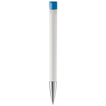 Stylo en plastique blanc avec détails sur le bouton-poussoir couleur blanc/bleu quatrière vue