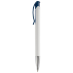 Stylo en plastique blanc avec détails sur le bouton-poussoir couleur bleu foncé