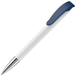 Stylo en plastique blanc avec détails sur le bouton-poussoir couleur bleu foncé troisième vue