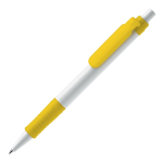 Stylo à bouton-poussoir en matériau biodégradable à encre bleue couleur jaune troisième vue