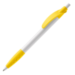 Stylo blanc avec détails colorés et poignée texturée couleur jaune troisième vue