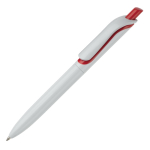 Stylo en plastique blanc avec bouton en couleurs vives fabrication UE couleur rouge troisième vue