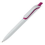 Stylo en plastique blanc avec bouton en couleurs vives fabrication UE couleur rose troisième vue