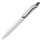 Stylo en plastique blanc avec bouton en couleurs vives fabrication UE couleur blanc/noir troisième vue