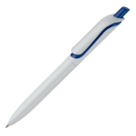 Stylo en plastique blanc avec bouton en couleurs vives fabrication UE couleur bleu foncé troisième vue
