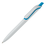 Stylo en plastique blanc avec bouton en couleurs vives fabrication UE couleur bleu ciel troisième vue