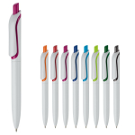 Stylo en plastique blanc avec bouton en couleurs vives fabrication UE