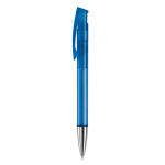 Stylo en plastique transparent coloré avec pointe métallisée couleur bleu transparent