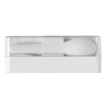 Boîte transparente avec un set de couverts en plastique blanc couleur blanc troisième vue