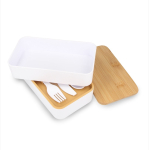 Double boîte à lunch plastique recyclé et bambou à fermeture élastique couleur blanc