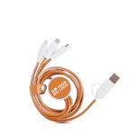 Câble de charge vintage 6 en 1 en cuir synthétique et ABS recyclé couleur marron clair vue avec impression