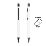 Stylo en aluminium avec corps caoutchouc et pointe tactile encre bleue couleur blanc