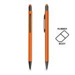 Stylo en aluminium avec corps caoutchouc et pointe tactile encre bleue couleur orange