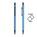 Stylo en aluminium avec corps caoutchouc et pointe tactile encre bleue couleur turquoise