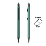 Stylo en aluminium avec corps caoutchouc et pointe tactile encre bleue couleur vert foncé