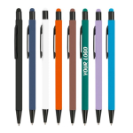Stylo en aluminium avec corps caoutchouc et pointe tactile encre bleue vue plusieurs couleurs