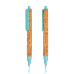 Stylo en fibre de blé et liège avec bouton-poussoir encre noire couleur bleu ciel