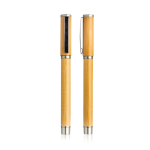 Roller écologique en bambou bicolore avec bouchon et encre bleue couleur marron clair