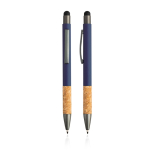 Stylo en aluminium et liège avec texture caoutchoutée encre bleue couleur bleu marine vue avec impression
