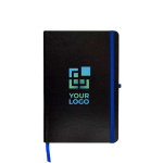 Carnet avec couverture en carton et ruban coloré A5 feuilles lisses couleur bleu roi vue avec impression