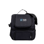 Sac isotherme à bandoulière fabriqué à partir de bouteilles recyclées couleur noir vue avec impression