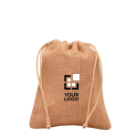 Petit sac en jute couleur naturelle avec deux cordons de nœuds couleur marron clair vue avec impression