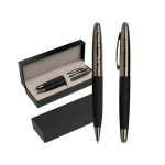 Ensemble roller et stylo en métal avec toucher gomme, encre bleue couleur gris foncé vue avec impression