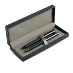 Ensemble roller et stylo métal et carbone, style moderne, encre bleue